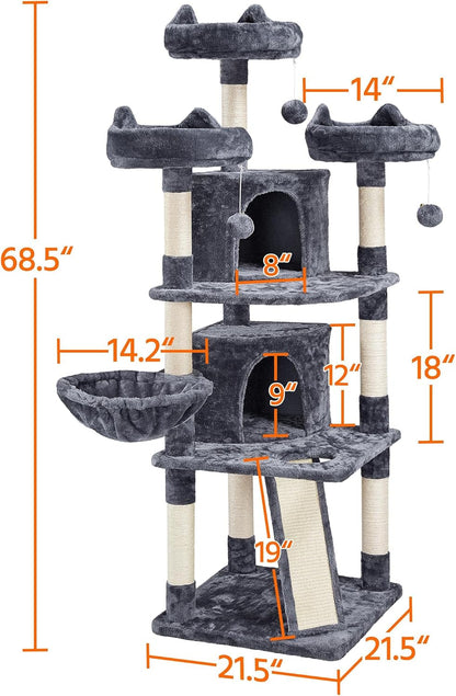 68.5In Multi-Level Large Cat Condo with Sisal-Covered Platforms Scratching Board & Scratching Posts, Cozy Perches, Stable Cat Tower/Tree Pet Play House, Dark Gray