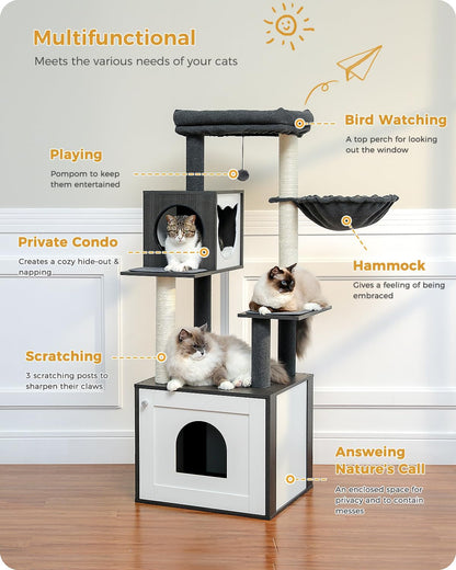 56.7" Cat Tree with Litter Box Enclosure Large, Wood Cat Tower for Indoor Cats with Storage Cabinet and Cozy Cat Condo, Sisal Covered Scratching Post and Repalcable Dangling Balls, Black