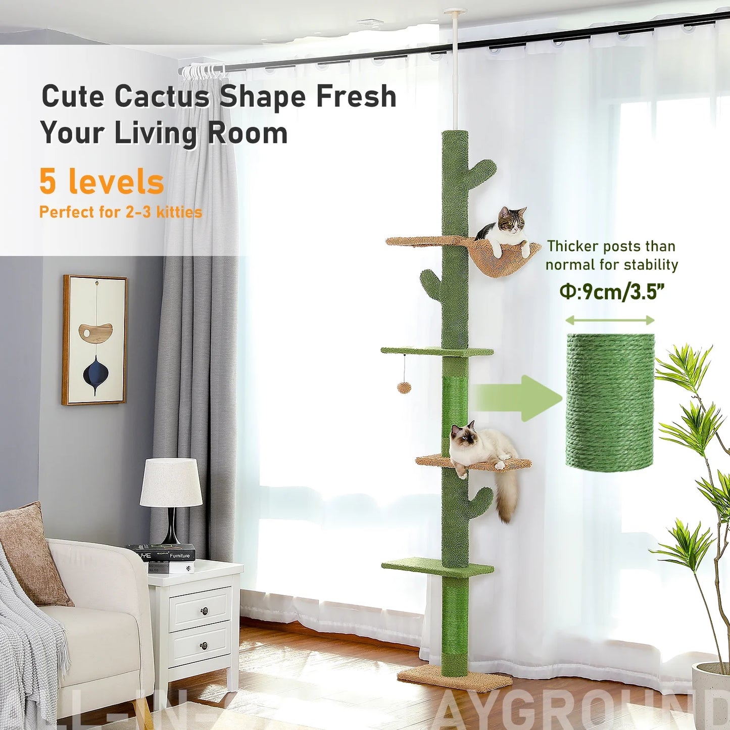 Tall Cat Tree Cactus Floor to Ceiling Cat Tower 95-108" Sisal Scratching Post for Indoor Cats