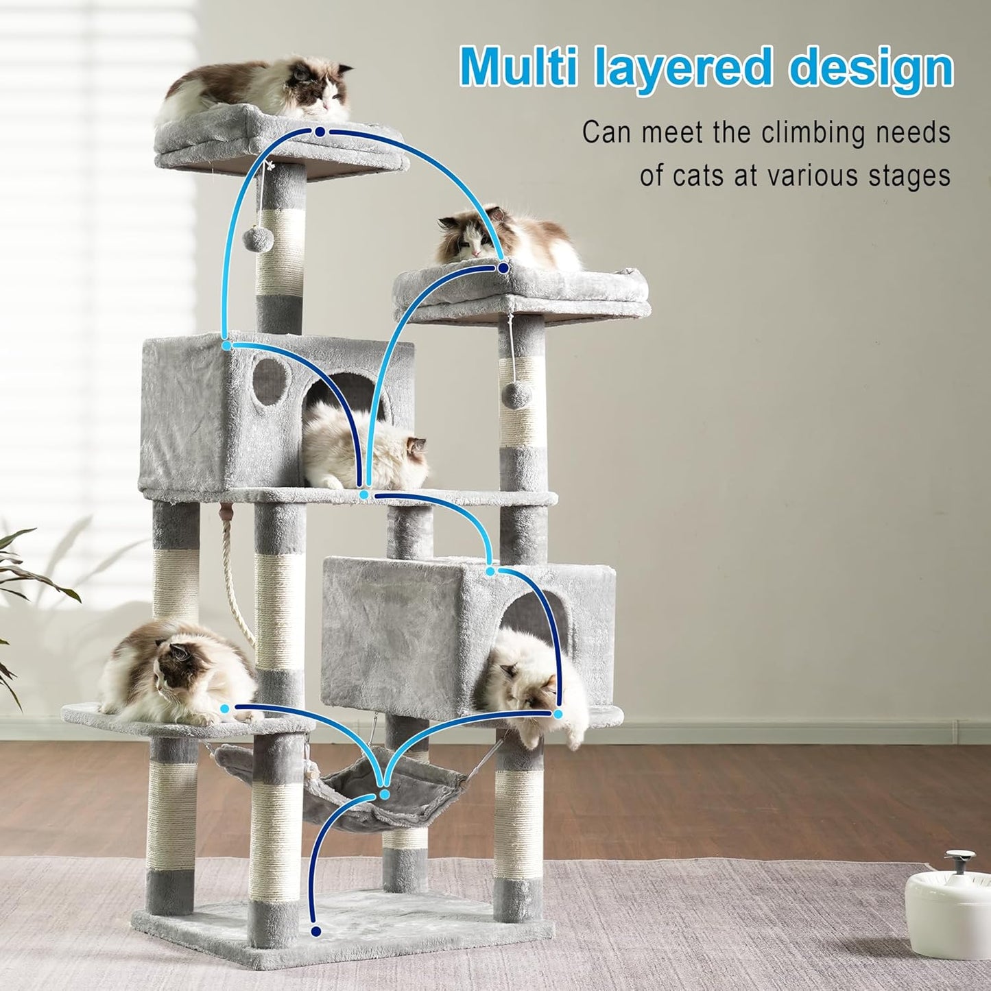 Ultimate Large Multi-Level Cat Tree Condo with Plush Condos, Hammock & Sisal Scratching Posts - Perfect for Cats & Kittens - Light Gray