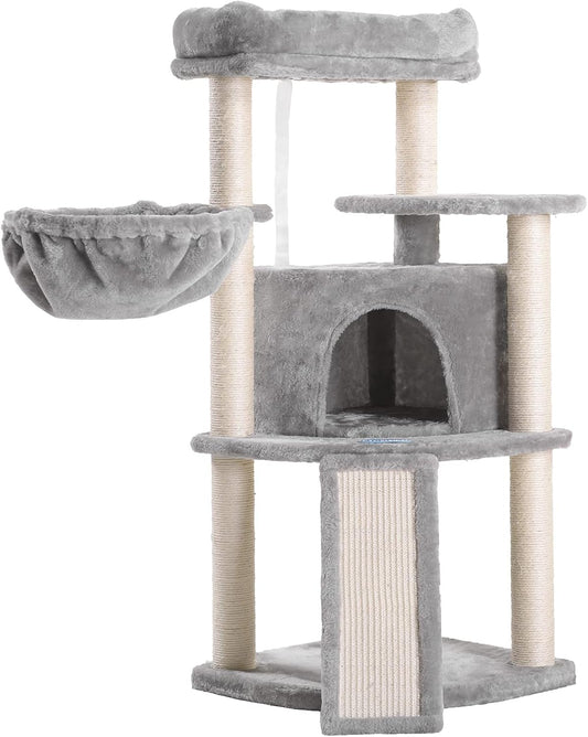 Deluxe 40.5" Cat Tree with Sisal Posts, Plush Perch & Cozy Basket - Light Gray