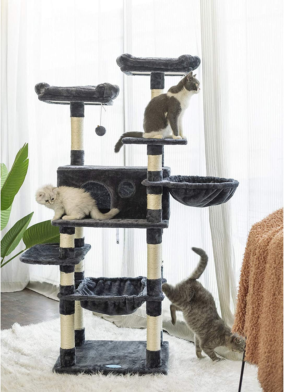 Luxury Cat Tree for Large Cats - Spacious Tower with Scratching Posts, Plush Perches, Cozy Condo & Basket in Smoky Gray