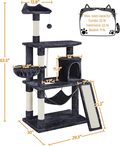 63.5In Multi-Level Cat Tree Tower Condo with Scratching Posts, Platform & Hammock, Cat Activity Center Play Furniture for Kittens, Cats & Pets