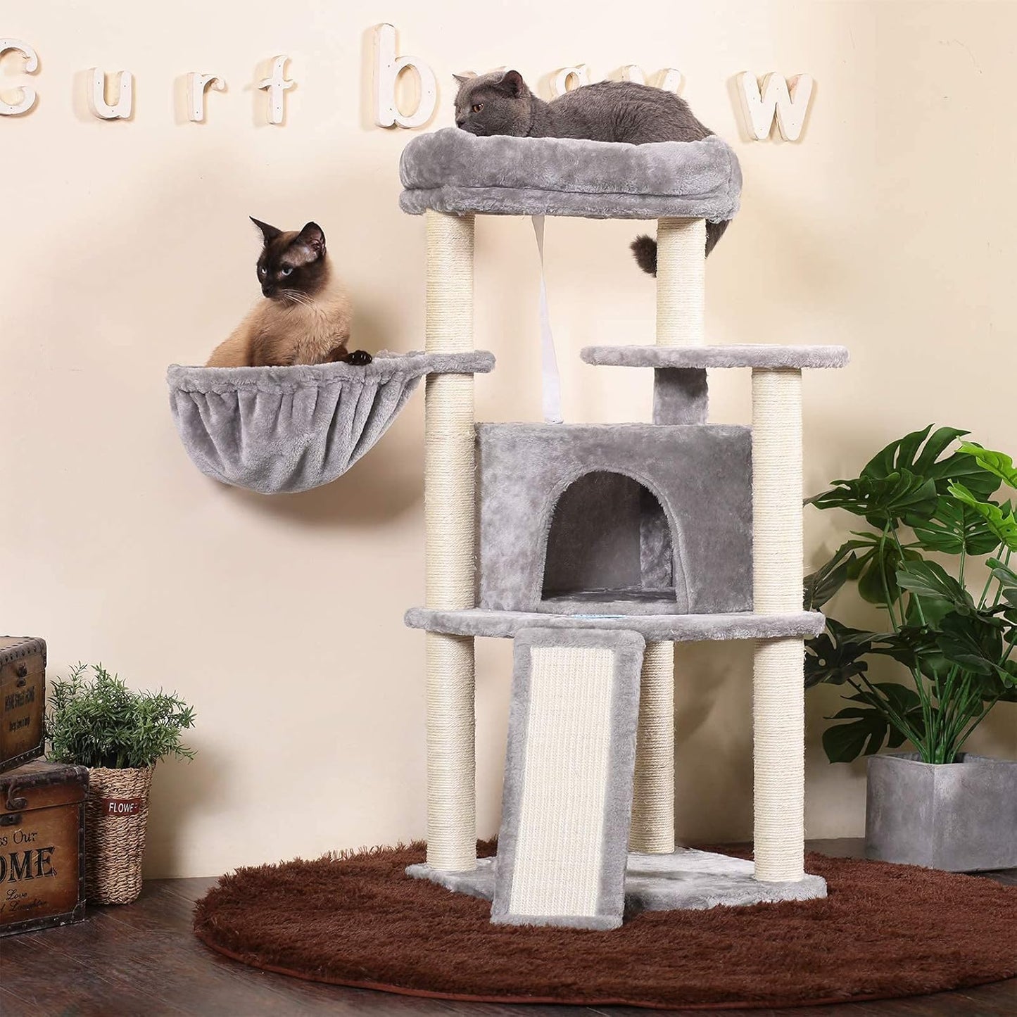 Deluxe 40.5" Cat Tree with Sisal Posts, Plush Perch & Cozy Basket - Light Gray