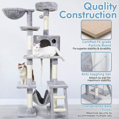 Deluxe 61" Cat Tree Tower - Multi-Level Condo with Hammock, Scratching Posts, Plush Perch & Toys - Perfect for Indoor Kittens - Light Grey