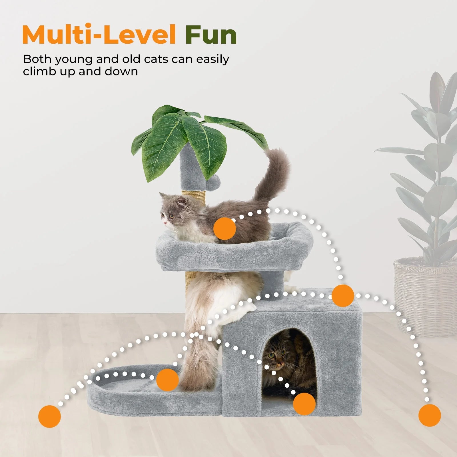 31.5" Cat Tree Cat Tower for Indoors with Green Leaves, Cat Condo Cozy Play Plush Cat House with Hang Ball and Leaf Shape Design, Cat Furniture with Cat Scratching Posts, Grey