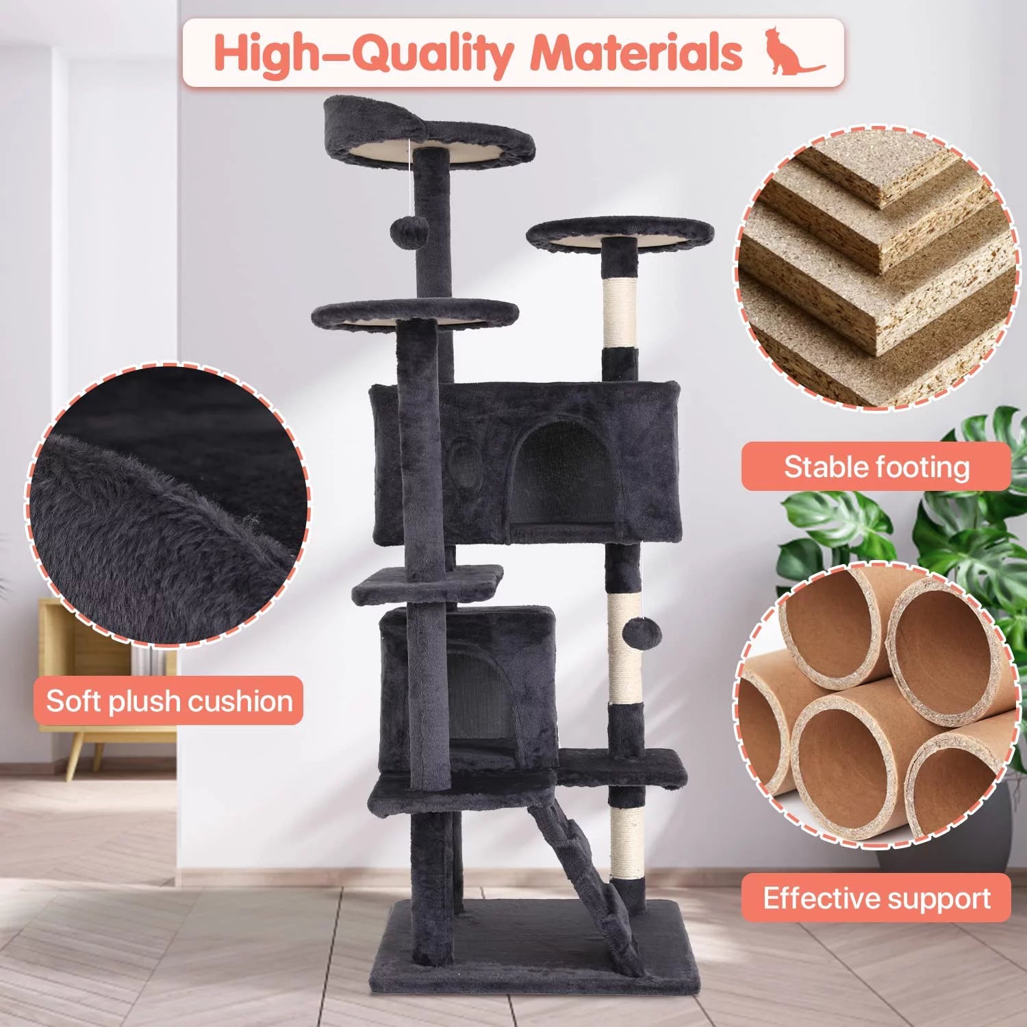 54-In Double Condo Cat Tree Tower Playhouse with Scratching Post & Perch for Indoor, Light Gray