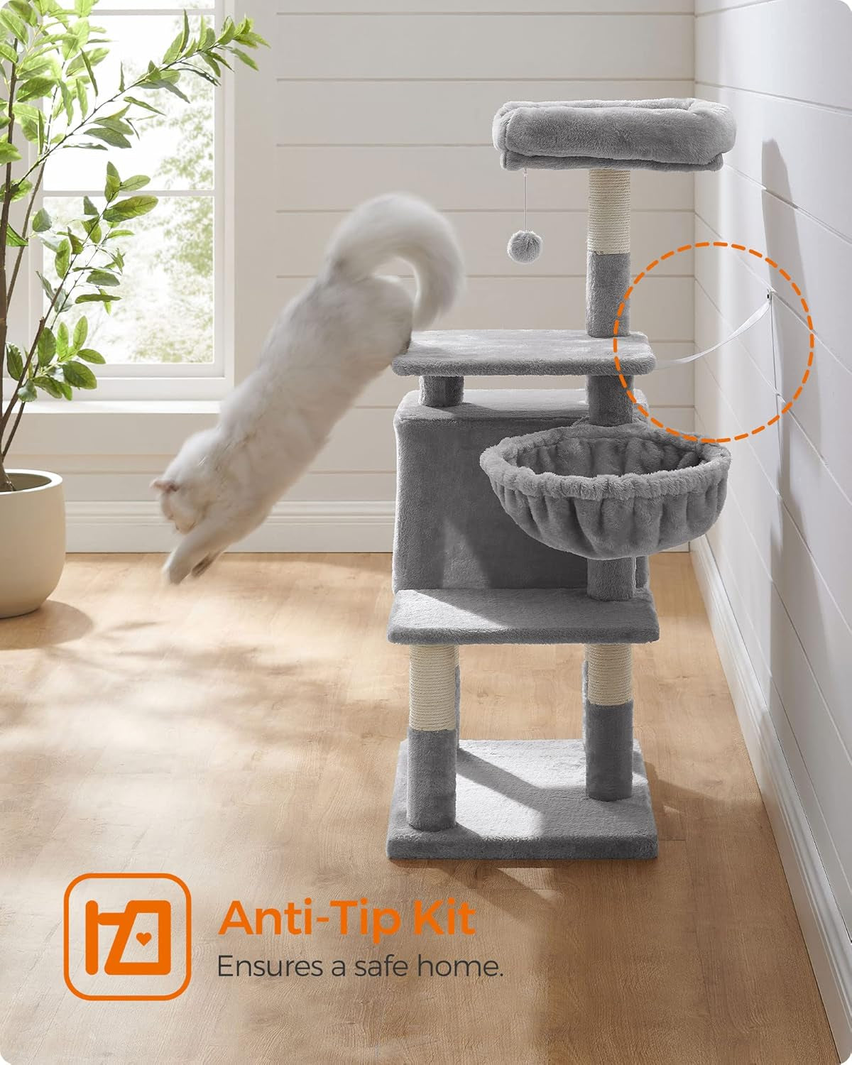 Multilevel Cat Tree with Cat Cave, Basket Lounger, and Padded Perch, Light Gray Cat Tower, Stable and Safe Plush Cat Condo with Sisal Posts for Kitten, Old Cat, Chubby Cat UPCT52W