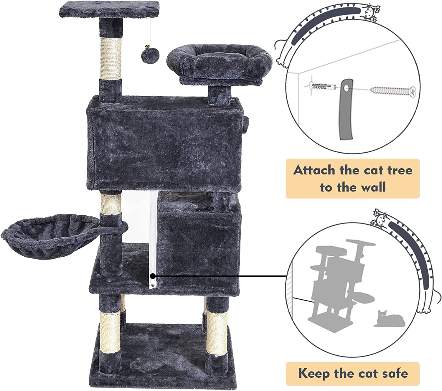 Cat Tree Condo Furniture with Scratching Posts, Plush Cozy Perch and Dangling Balls, Multi-Level Kitten Tower - Dark Gray