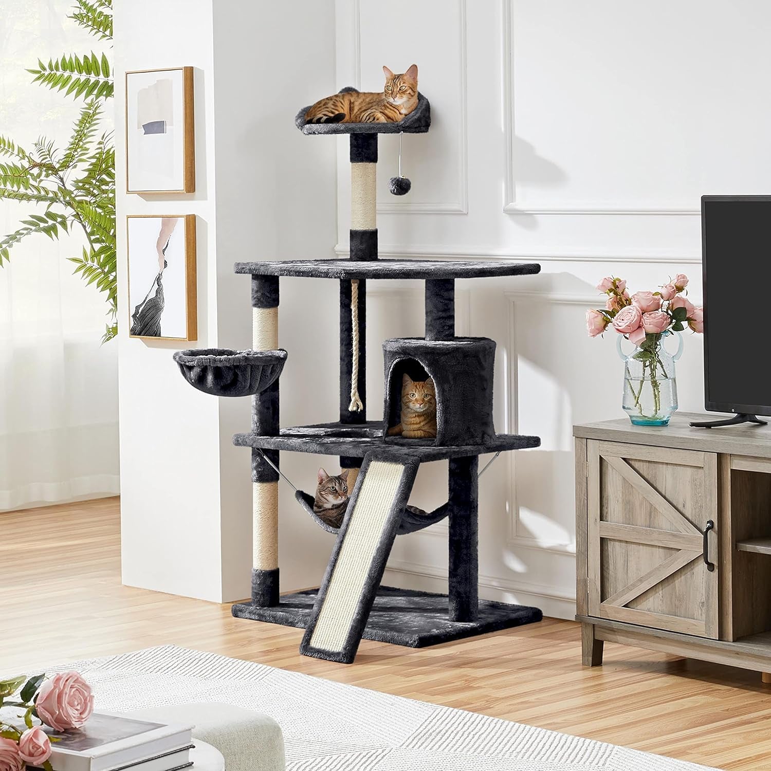 63.5In Multi-Level Cat Tree Tower Condo with Scratching Posts, Platform & Hammock, Cat Activity Center Play Furniture for Kittens, Cats & Pets