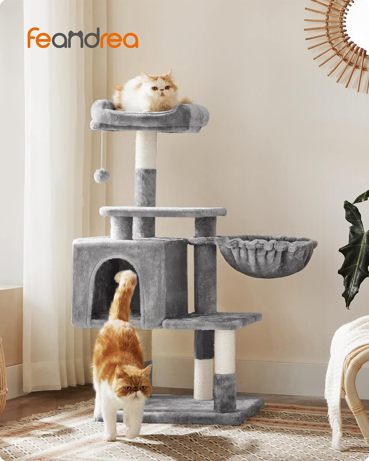 Multilevel Cat Tree with Cat Cave, Basket Lounger, and Padded Perch, Light Gray Cat Tower, Stable and Safe Plush Cat Condo with Sisal Posts for Kitten, Old Cat, Chubby Cat UPCT52W