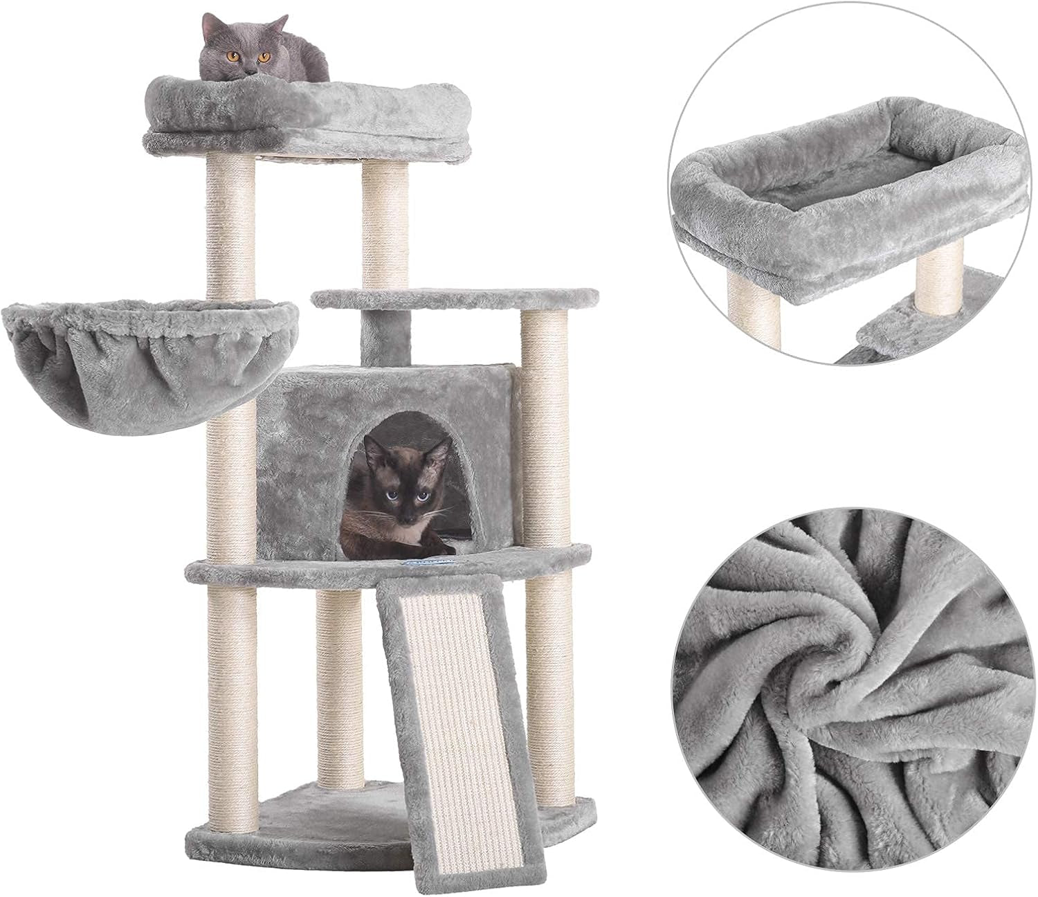 Deluxe 40.5" Cat Tree with Sisal Posts, Plush Perch & Cozy Basket - Light Gray