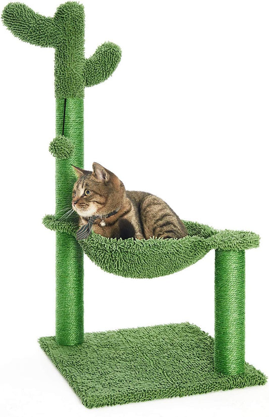 Cozy 31" Green Cactus Cat Tree with Hammock & Durable Sisal Scratching Post for Small Cats