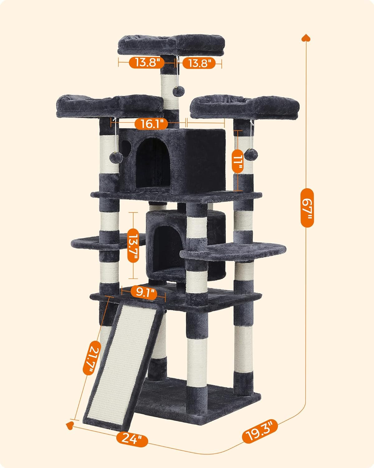 67-Inch Multi-Level Cat Tree for Large Cats, with Cozy Perches, Stable, Smoky Gray UPCT18G