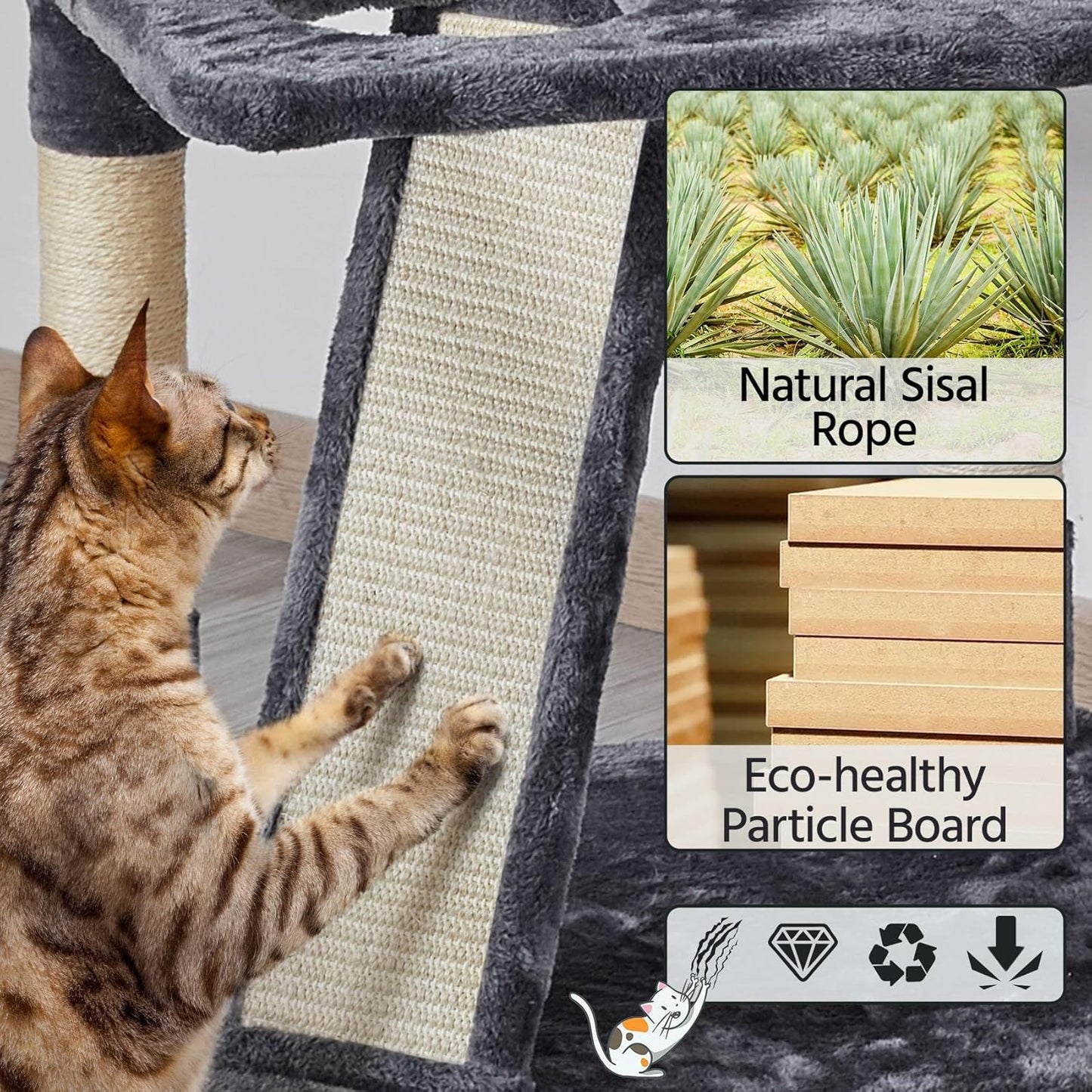 68.5In Multi-Level Large Cat Condo with Sisal-Covered Platforms Scratching Board & Scratching Posts, Cozy Perches, Stable Cat Tower/Tree Pet Play House, Dark Gray