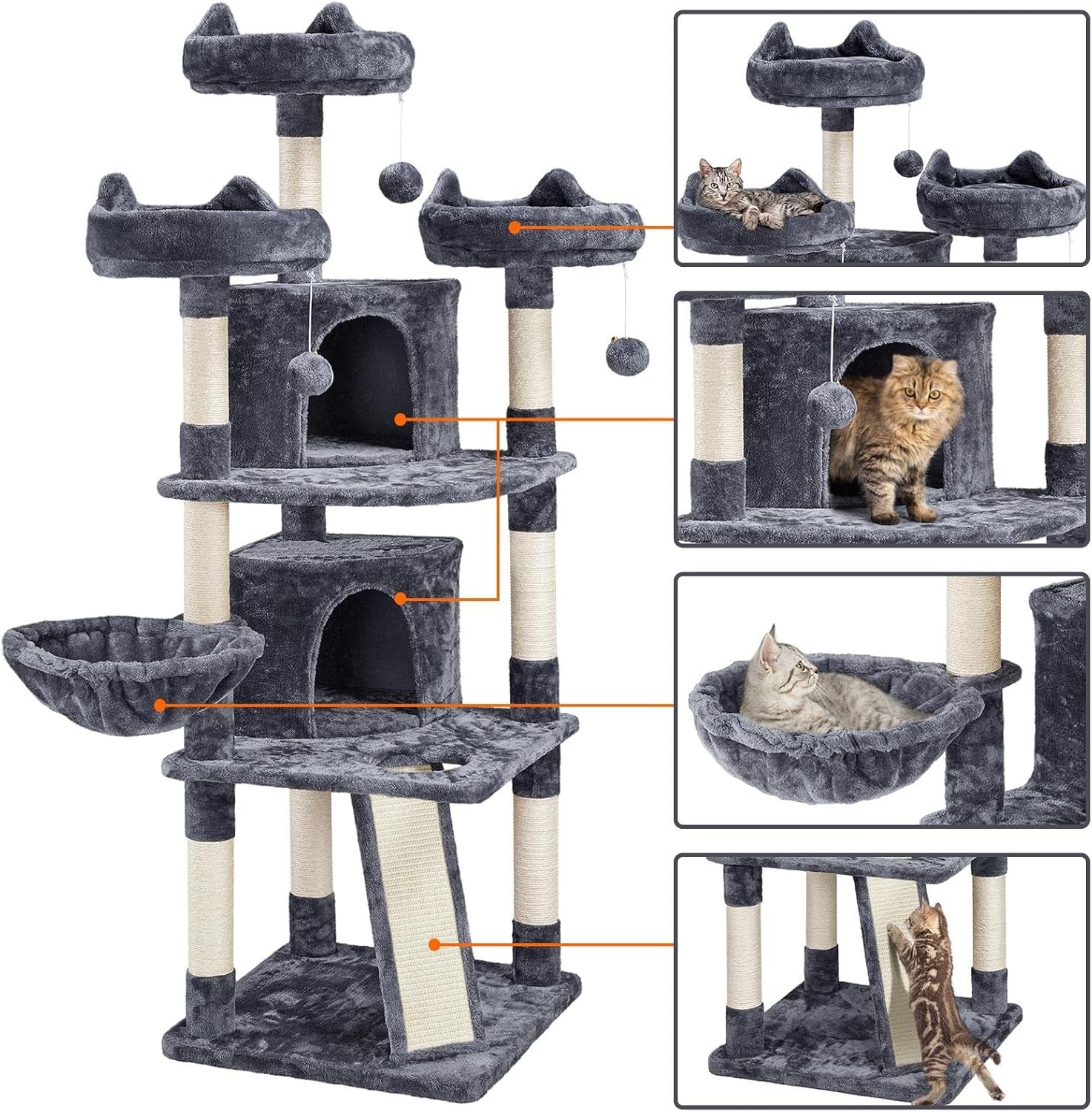 68.5In Multi-Level Large Cat Condo with Sisal-Covered Platforms Scratching Board & Scratching Posts, Cozy Perches, Stable Cat Tower/Tree Pet Play House, Dark Gray