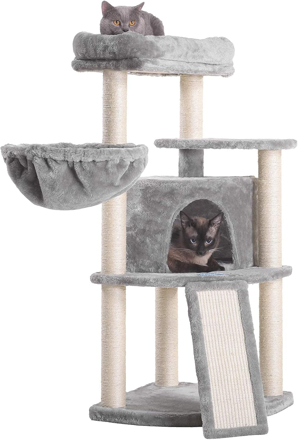 Deluxe 40.5" Cat Tree with Sisal Posts, Plush Perch & Cozy Basket - Light Gray