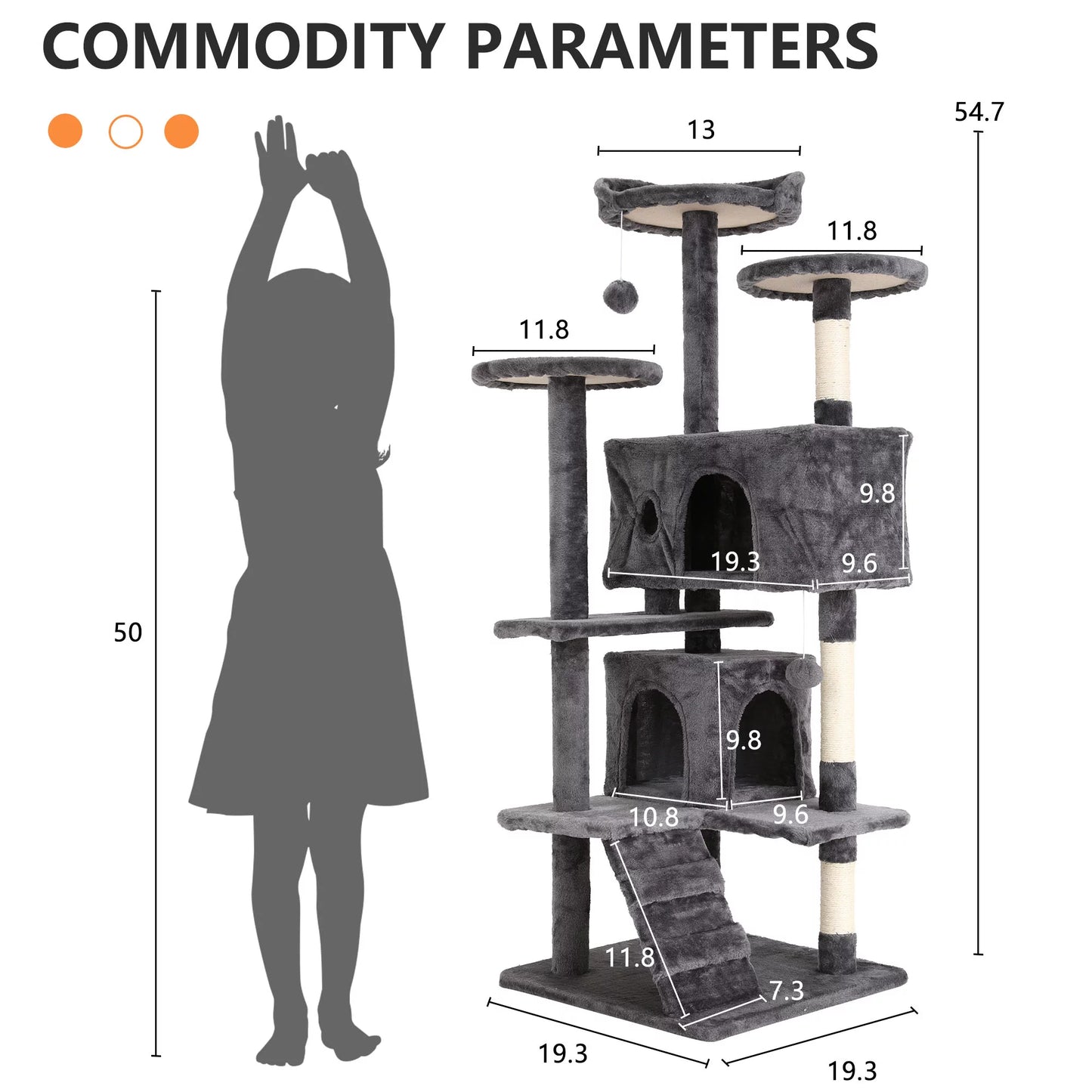 54-In Double Condo Cat Tree Tower Playhouse with Scratching Post & Perch for Indoor, Light Gray