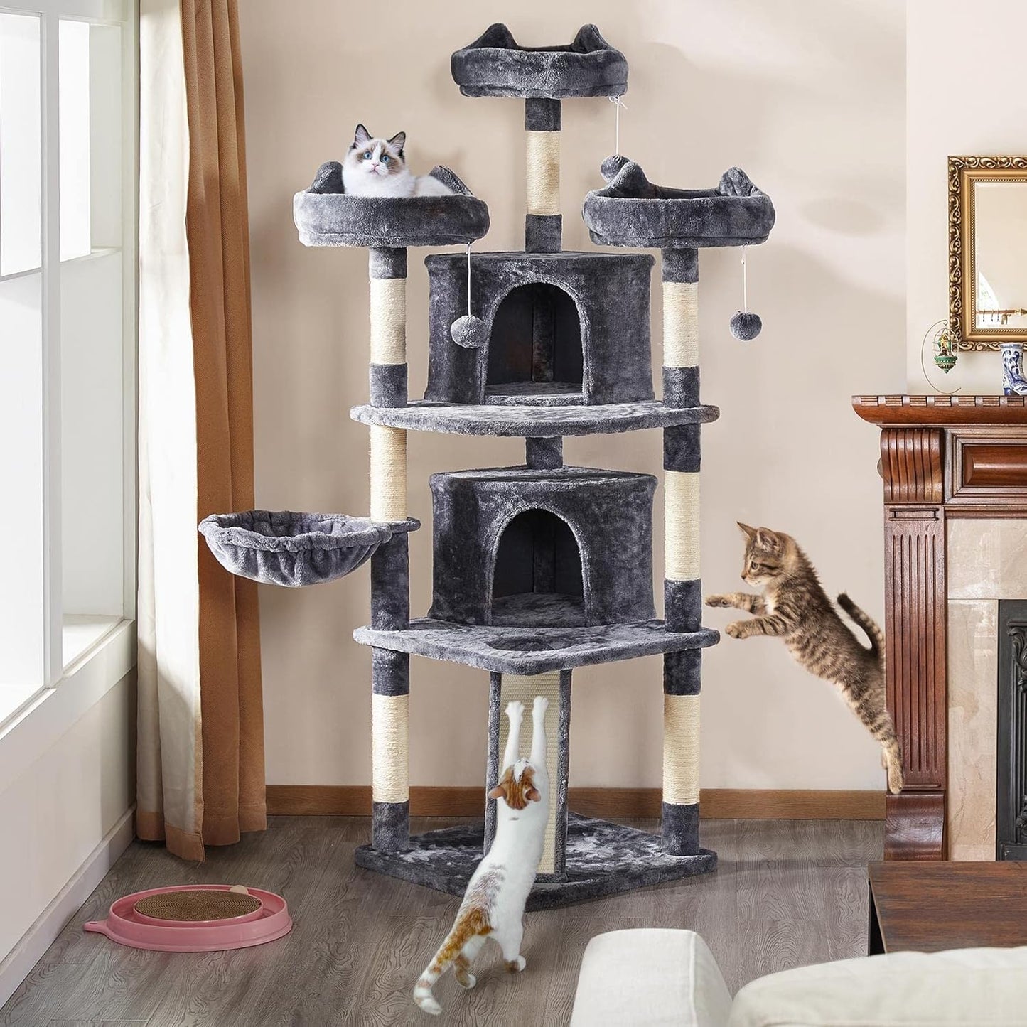 68.5In Multi-Level Large Cat Condo with Sisal-Covered Platforms Scratching Board & Scratching Posts, Cozy Perches, Stable Cat Tower/Tree Pet Play House, Dark Gray