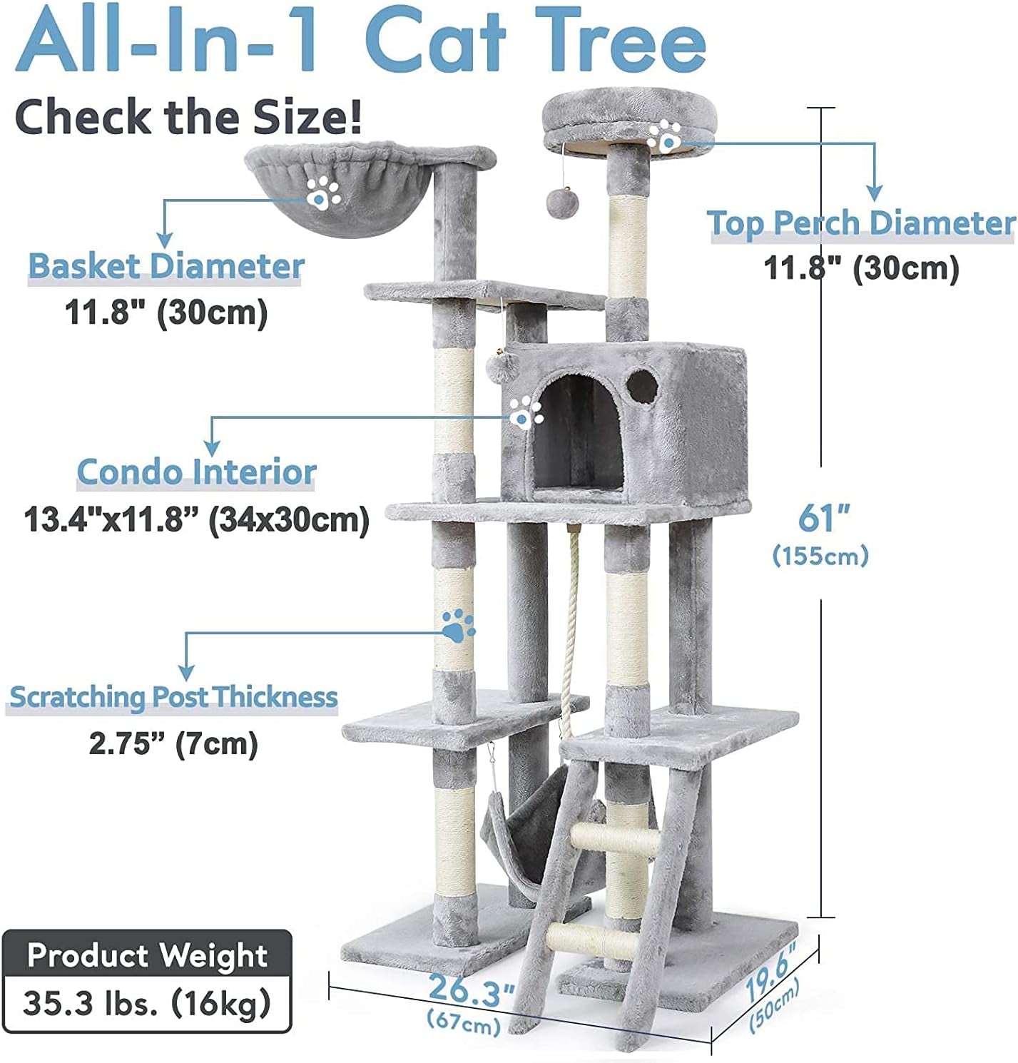 Deluxe 61" Cat Tree Tower - Multi-Level Condo with Hammock, Scratching Posts, Plush Perch & Toys - Perfect for Indoor Kittens - Light Grey