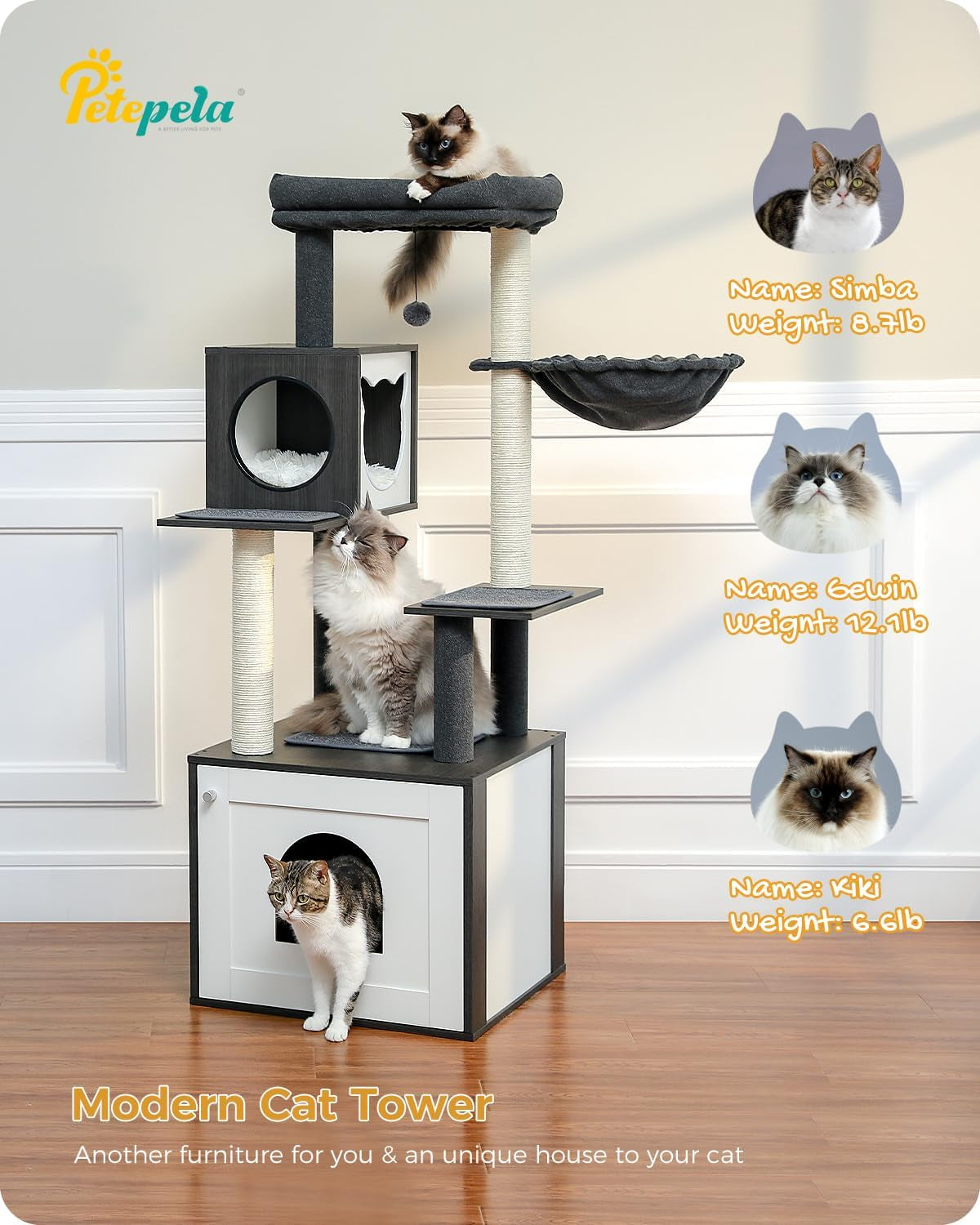 56.7" Cat Tree with Litter Box Enclosure Large, Wood Cat Tower for Indoor Cats with Storage Cabinet and Cozy Cat Condo, Sisal Covered Scratching Post and Repalcable Dangling Balls, Black