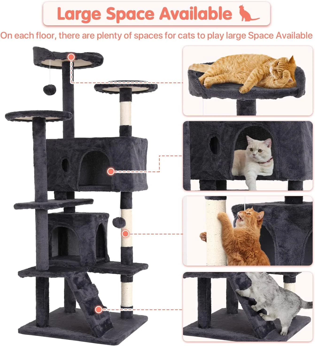 54-In Double Condo Cat Tree Tower Playhouse with Scratching Post & Perch for Indoor, Light Gray