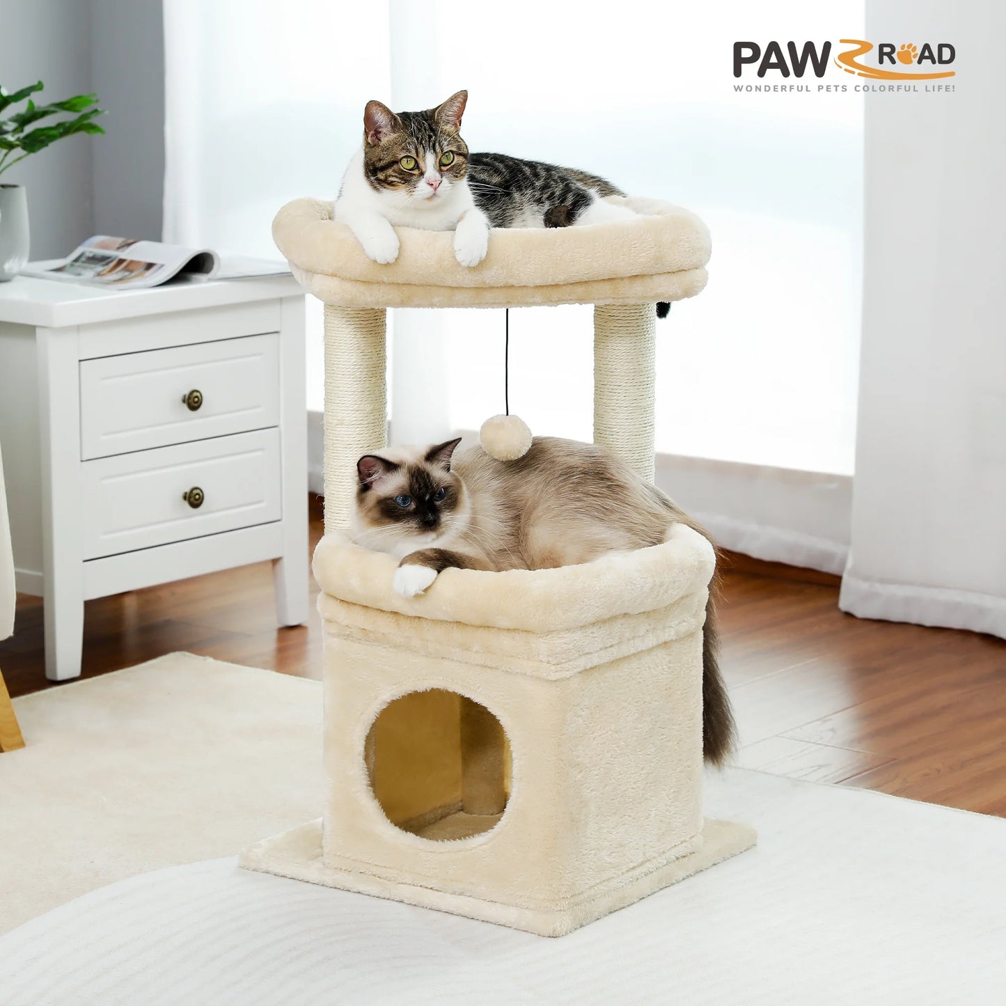 27" Cat Tree for Medium Cats Plush Condo and Scratching Posts, Beige