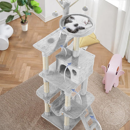 Cat Tree for Indoor Cats, 65.5 Inches Multi-Level Cat Tower Cat Tree with Hammock, Scratching Posts, Top Perch, Ladder, Cat Activity Tree Cat Condo with Toys, Cat Climbing Tower for Kitten Play