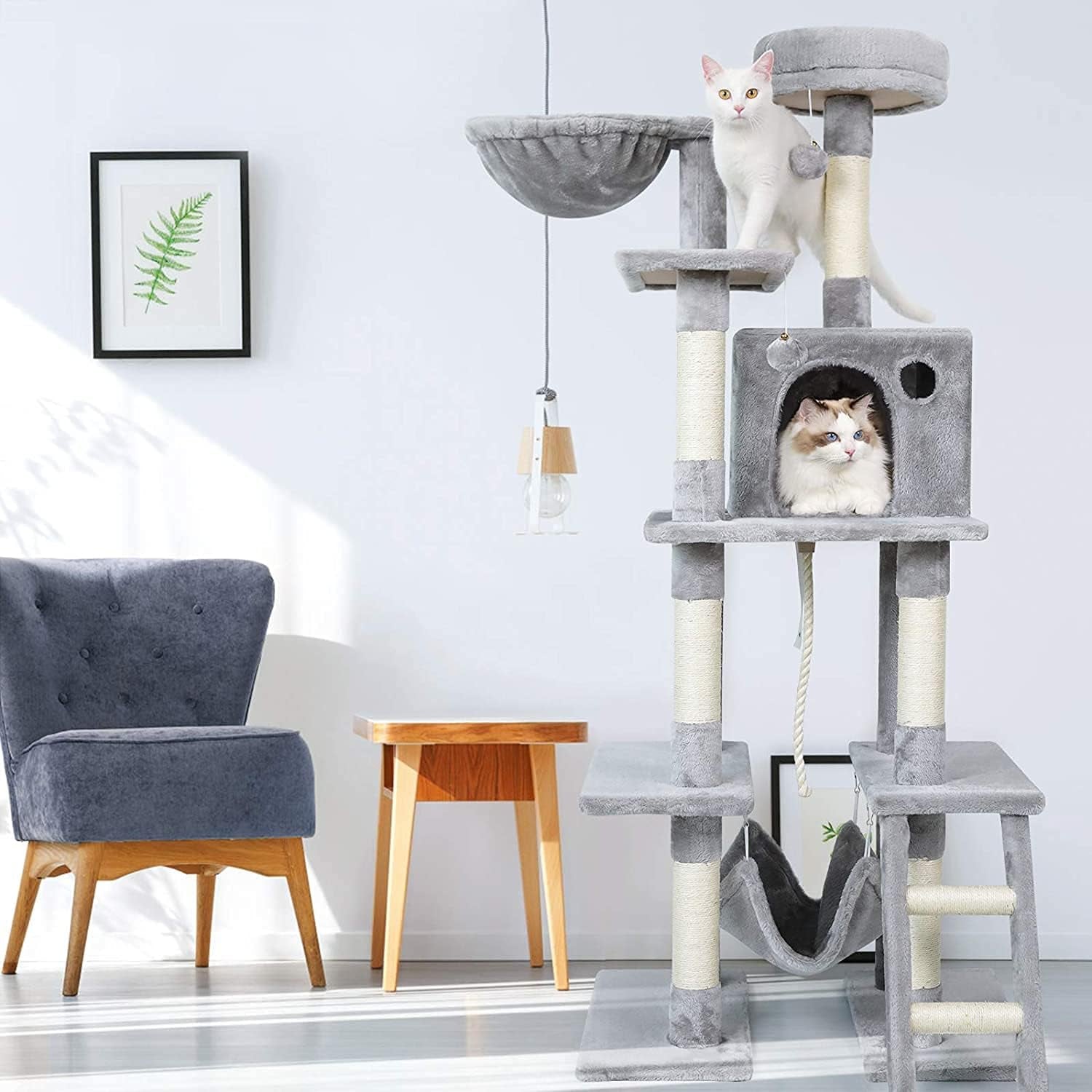 Deluxe 61" Cat Tree Tower - Multi-Level Condo with Hammock, Scratching Posts, Plush Perch & Toys - Perfect for Indoor Kittens - Light Grey