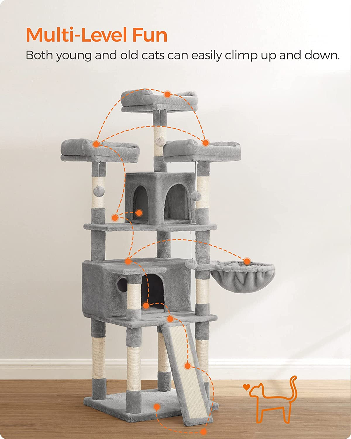 Deluxe 66.5" Light Gray Cat Tree Tower with Scratching Posts, Caves, and Plush Perches - Ultimate Activity Center for Your Feline Friend