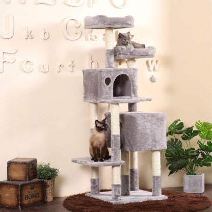 Hey-Bro 60 Inches Large Multi-Level Cat Tree Condo Furniture with Sisal-Covered Scratching Posts, 2 Plush Condos, 2 Plush Perches, for Kittens, Cats and Pets, Light Gray MPJ012W