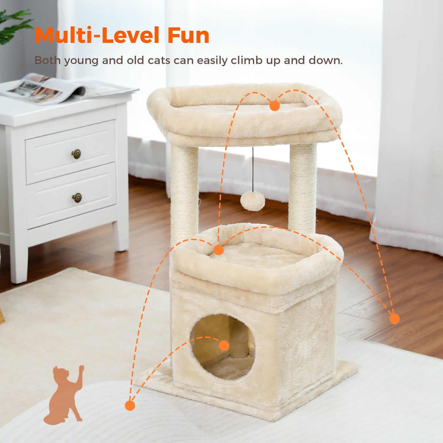 27" Cat Tree for Medium Cats Plush Condo and Scratching Posts, Beige