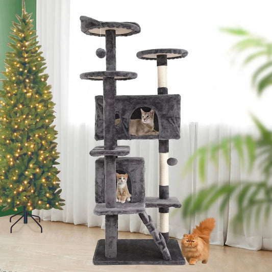 54-In Double Condo Cat Tree Tower Playhouse with Scratching Post & Perch for Indoor, Light Gray