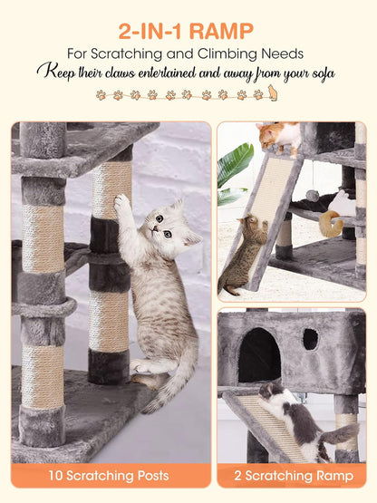 Cat Tree Cat Tower 70.1 In, Multi Level Cat Scratching Post with Condos, Ladders, Basket, Hammock & Plush Perches for Kittens, Large Cats, Light Gray