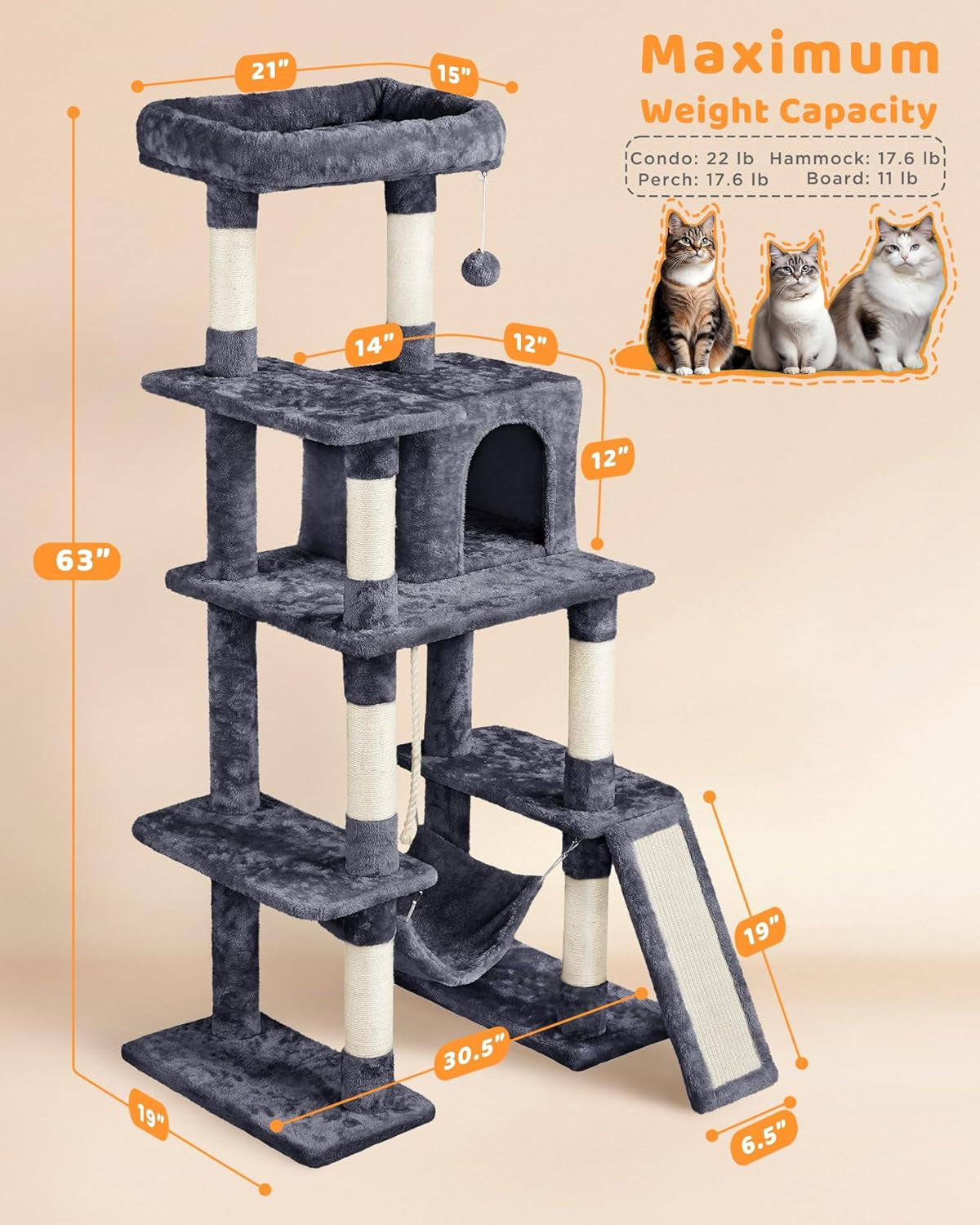 Large Multi-Level Cat Tree, 63 Inches Tall with Sisal-Covered Scratching Posts, Condo, Hammock, Dangling Ball, and Extended Platform for Cats to Play and Sleep