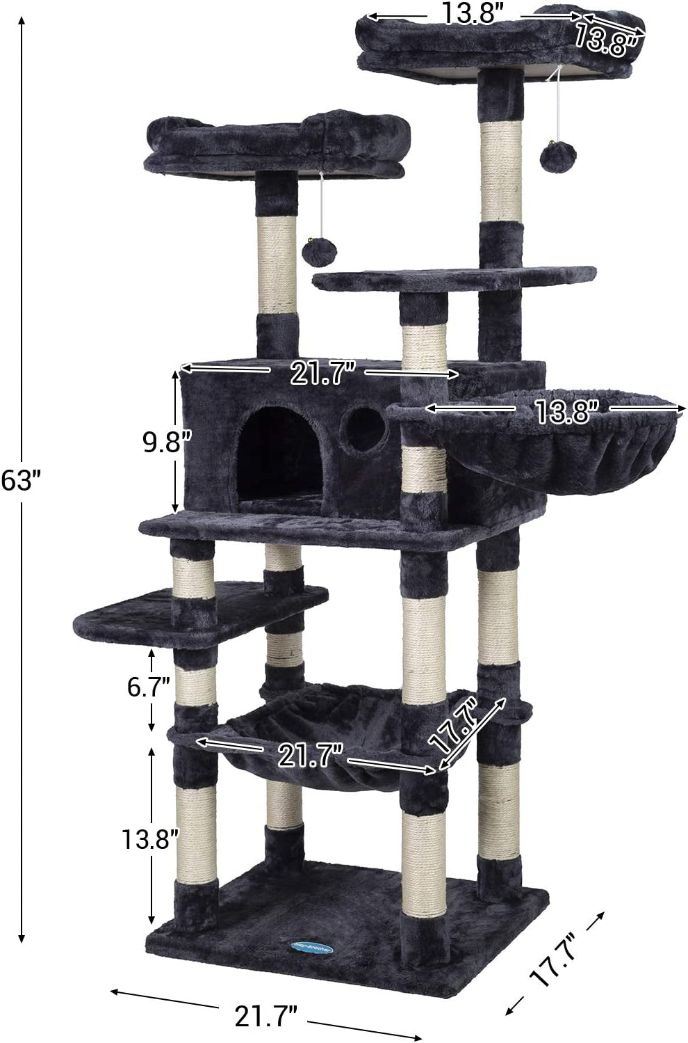 Luxury Cat Tree for Large Cats - Spacious Tower with Scratching Posts, Plush Perches, Cozy Condo & Basket in Smoky Gray