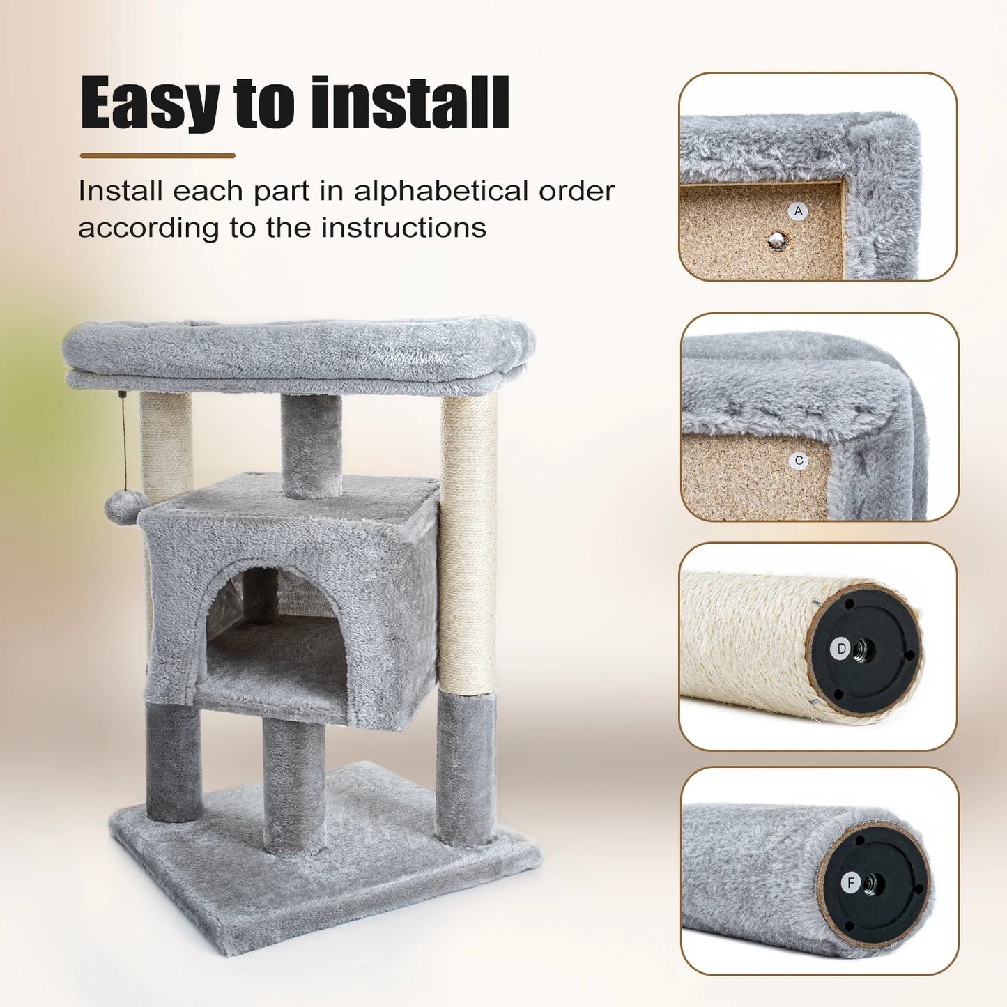 29" Cat Tree Tower for Indoor Cats Cat Condo with Sisal Scratching Posts, Plush Perch, Cat Bed Furniture, Gray