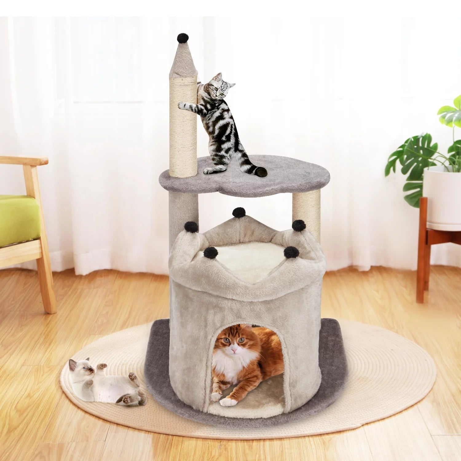 35" Cat Tree, Small Cat Tower with Scratching Post and Cat Condo, Grey