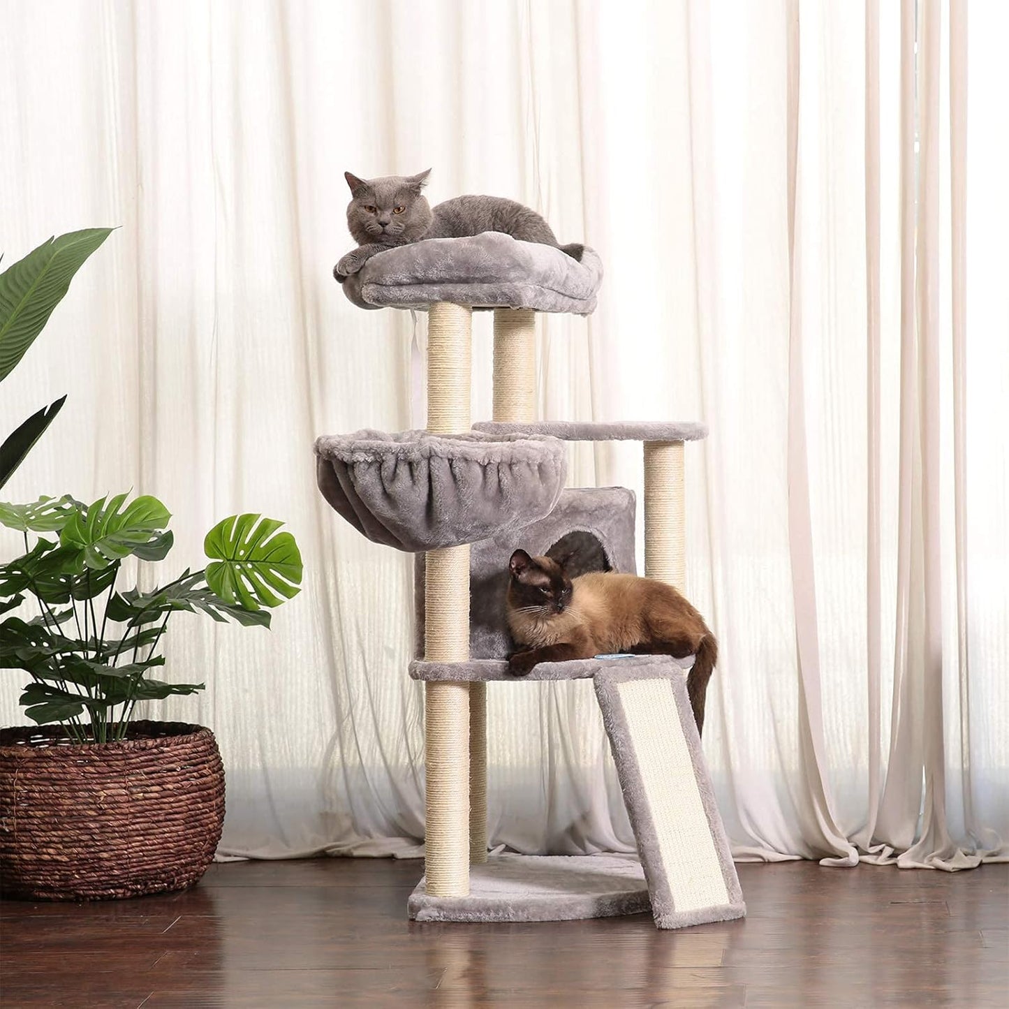 Deluxe 40.5" Cat Tree with Sisal Posts, Plush Perch & Cozy Basket - Light Gray