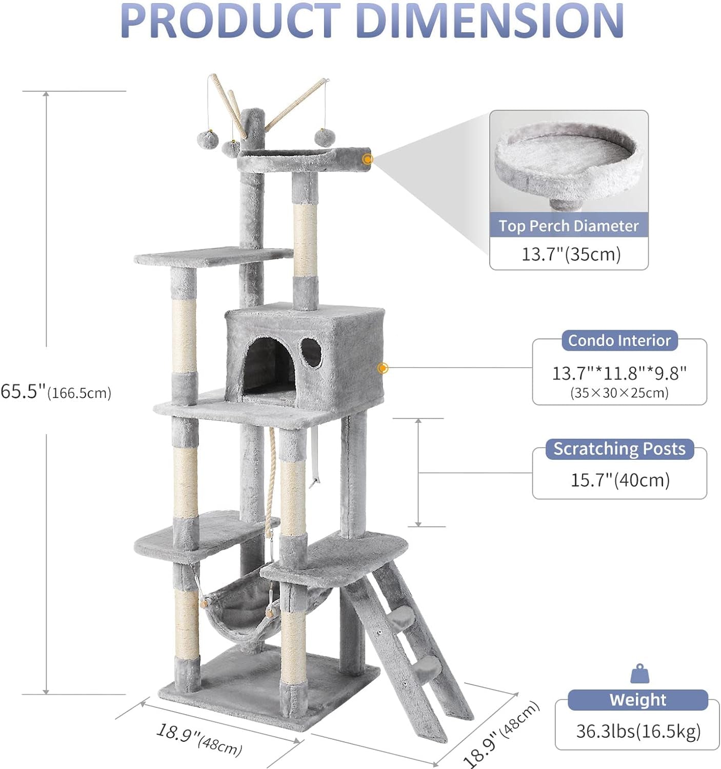 Cat Tree for Indoor Cats, 65.5 Inches Multi-Level Cat Tower Cat Tree with Hammock, Scratching Posts, Top Perch, Ladder, Cat Activity Tree Cat Condo with Toys, Cat Climbing Tower for Kitten Play