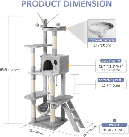 Cat Tree for Indoor Cats, 65.5 Inches Multi-Level Cat Tower Cat Tree with Hammock, Scratching Posts, Top Perch, Ladder, Cat Activity Tree Cat Condo with Toys, Cat Climbing Tower for Kitten Play