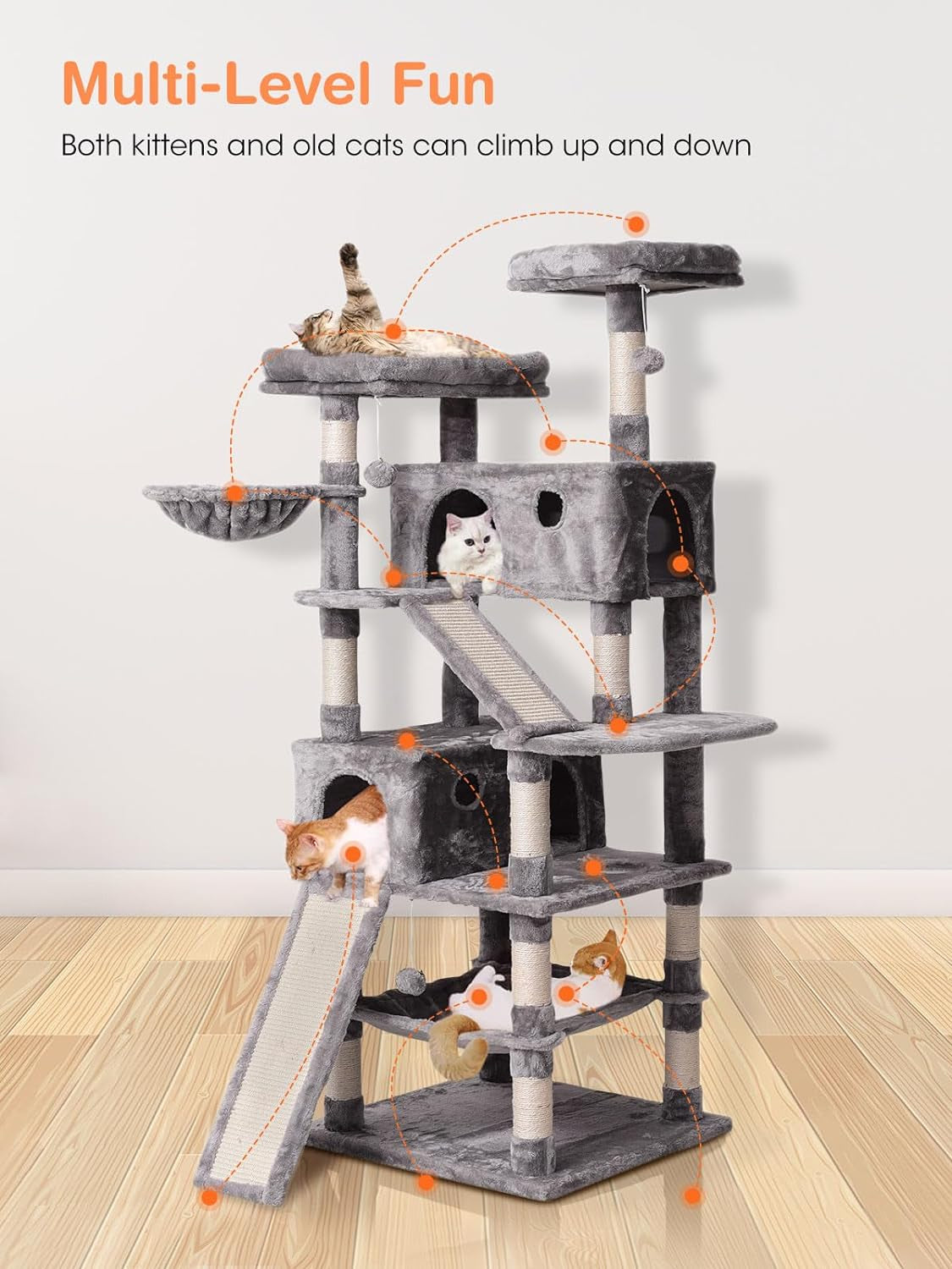 Cat Tree Cat Tower 70.1 In, Multi Level Cat Scratching Post with Condos, Ladders, Basket, Hammock & Plush Perches for Kittens, Large Cats, Light Gray