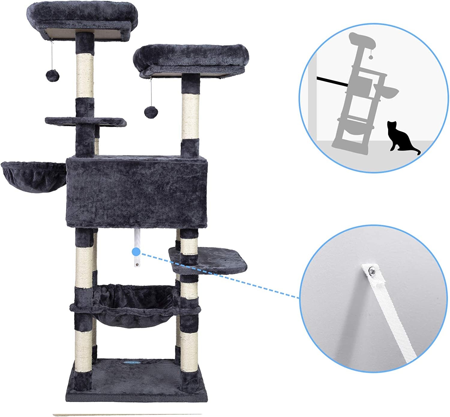 Luxury Cat Tree for Large Cats - Spacious Tower with Scratching Posts, Plush Perches, Cozy Condo & Basket in Smoky Gray