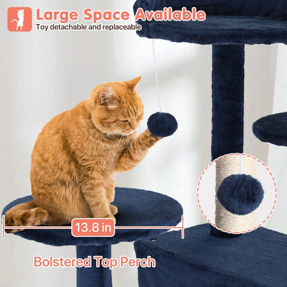 54-In Double Condo Cat Tree Tower Playhouse with Scratching Post & Perch for Indoor, Navy Blue