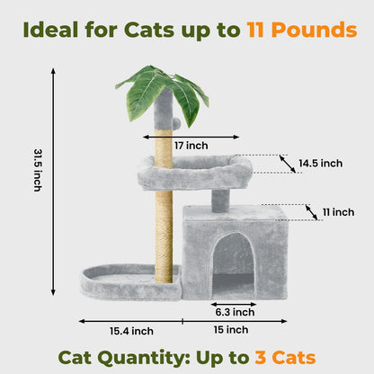 31.5" Cat Tree Cat Tower for Indoors with Green Leaves, Cat Condo Cozy Play Plush Cat House with Hang Ball and Leaf Shape Design, Cat Furniture with Cat Scratching Posts, Grey