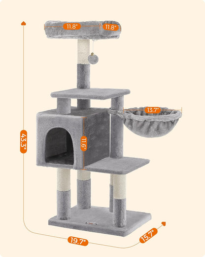 Multilevel Cat Tree with Cat Cave, Basket Lounger, and Padded Perch, Light Gray Cat Tower, Stable and Safe Plush Cat Condo with Sisal Posts for Kitten, Old Cat, Chubby Cat UPCT52W