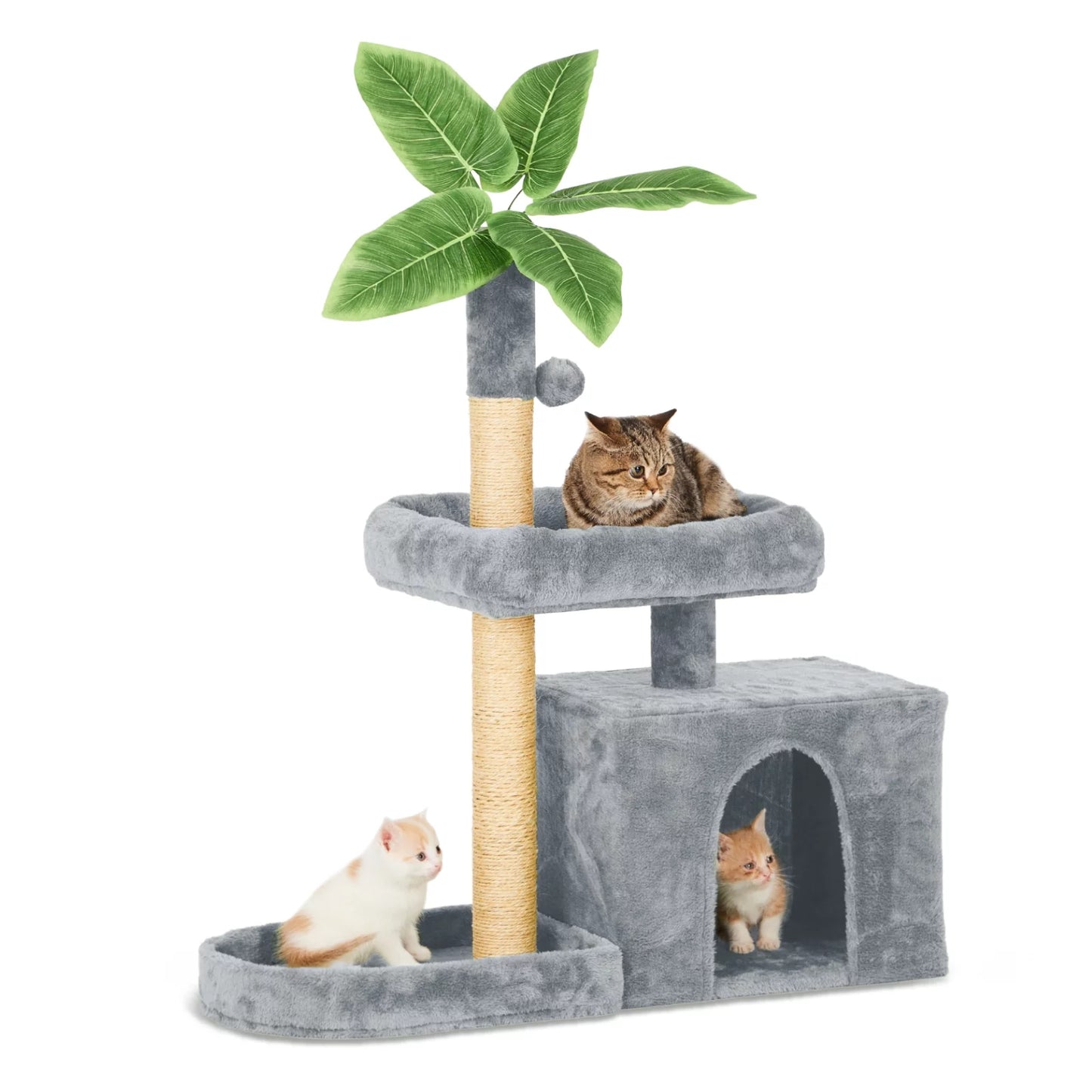 31.5" Cat Tree Cat Tower for Indoors with Green Leaves, Cat Condo Cozy Play Plush Cat House with Hang Ball and Leaf Shape Design, Cat Furniture with Cat Scratching Posts, Grey