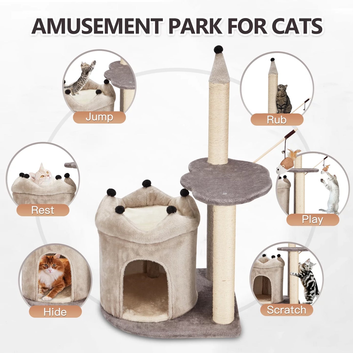 35" Cat Tree, Small Cat Tower with Scratching Post and Cat Condo, Grey