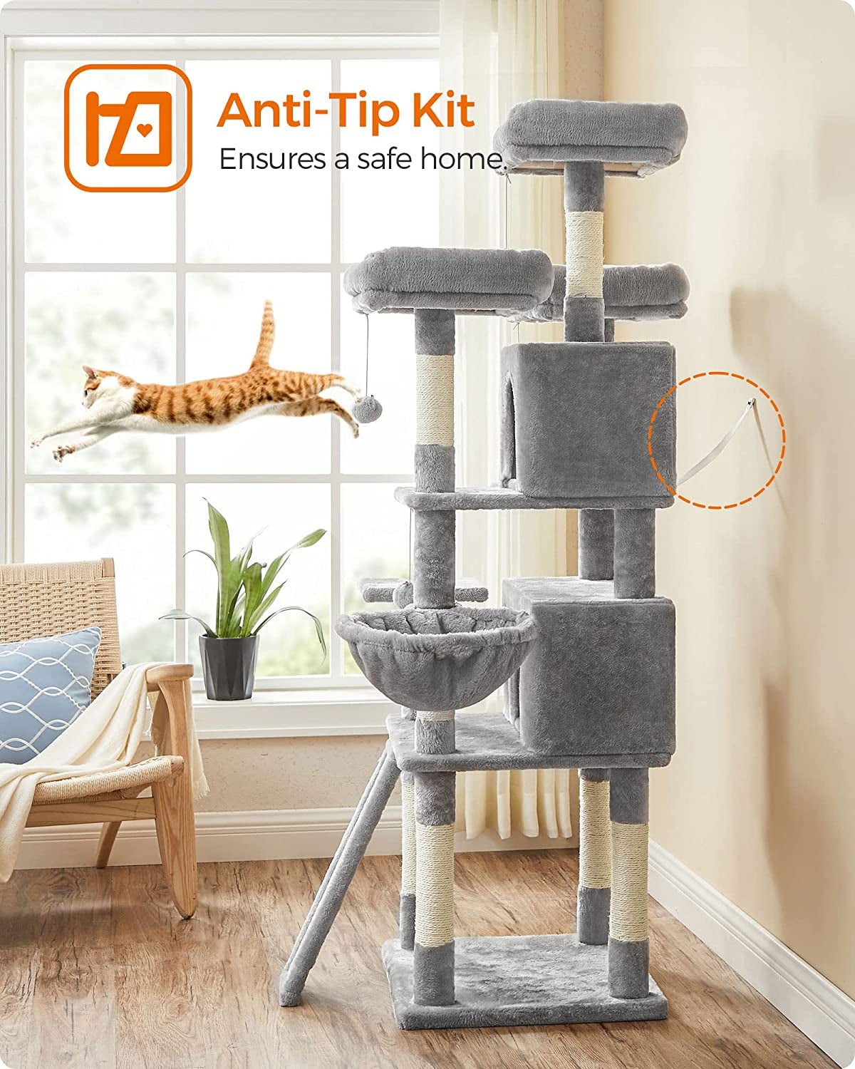 Deluxe 66.5" Light Gray Cat Tree Tower with Scratching Posts, Caves, and Plush Perches - Ultimate Activity Center for Your Feline Friend