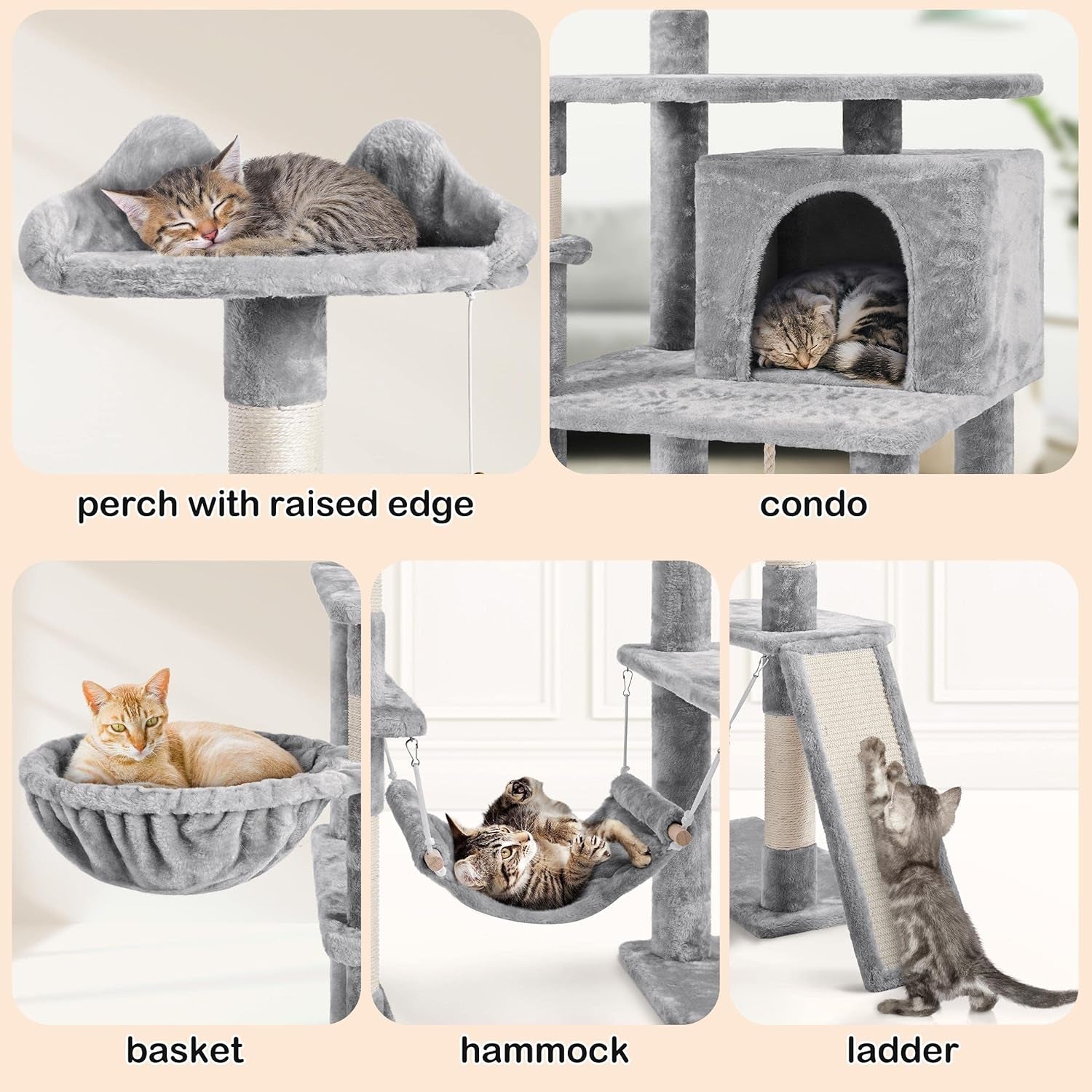 70 Inches Stable Cat Tree with Padded Platform, Replaceable Dangling Balls, Hammock, Basket and Condo, Cat Tower Furniture for Kittens, Cats and Pets